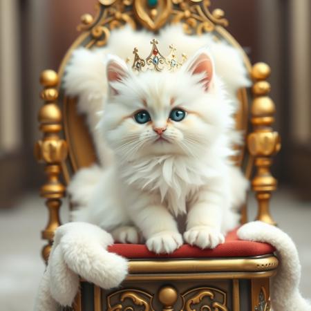 A kitten, 
  white, fluffy, kawaii,
  sitting on a human-sized throne, wearing a crown