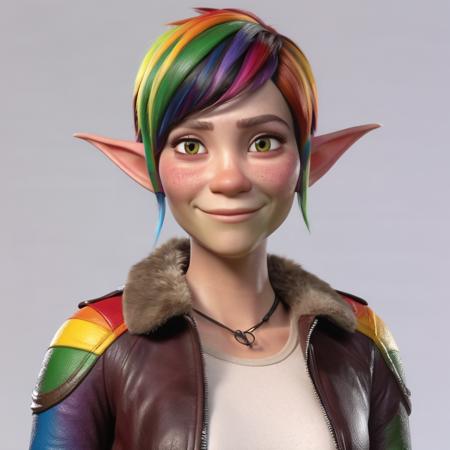 high-definition 8k 3d cartoon render in hwst artstyle of a closeup with a (blank white studio background:1.3) of a 31 year old woman with (rainbow-colored:1.3) short hair with a soft smile and freckles and (pointed elf ears:1.3) wearing a modern (leather jacket with fur:1.2) and a modern (tshirt:1.3)