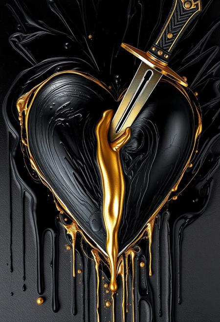 A hyper-stylistic, extremely detailed image depicts a breathtaking scene, crafted from a combination of smeared black and gold metallic paint. A black heart, symbolizing love and passion, is pierced by a dagger, its blade gleaming with a sharp, metallic sheen. The heart itself is a deep, rich black, with subtle, nuanced textures that give it a sense of depth and dimensionality. From the pierce, a golden liquid flows, as if the heart's very lifeblood is being drained away. The gold paint is applied in delicate, intricate strokes, creating a sense of movement and energy that contrasts beautifully with the static, metallic quality of the black paint. The overall effect is one of breathtaking, surreal beauty, as if the viewer has stumbled upon a hidden world of symbolism and metaphor. Every detail of the image is meticulously crafted, from the delicate, swirling patterns of the gold paint to the intricate, textured patterns of the black paint. highest-Quality, intricate details, visually stunning, Masterpiece