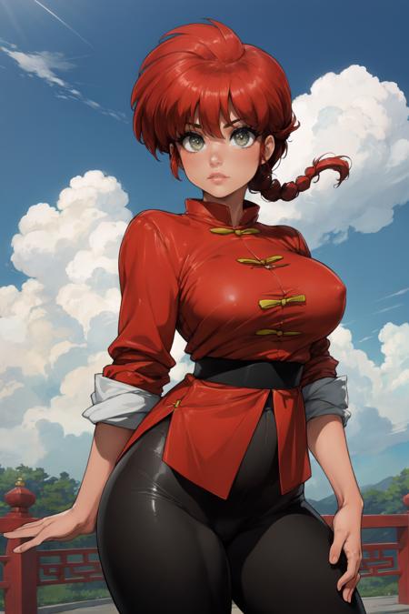 1girl, (solo:1.2), (cowboy shot:1.2), (looking at viewer:1.3),
<lora:Ranma - Ranma-chan [justTNP - v1.0]:1> femaleranma, braided ponytail, (chinese clothes:1.2), tangzhuang, black pants, (red chinese style jacket:1.3), curvy, large breasts, young female, (energetic:1.2)
BREAK <lora:Ishikei [MockAi - v1.0]:0.9> ishikei, soft shading, anime aesthetic, shiny skin, clean lineart, detailed eyes, highly detailed shading
BREAK intricate details, (masterpiece:1.3), (best quality:1.3), (perfect anatomy:1.4) BREAK, (beautiful white clouds:1.3), puffy clouds, white sky