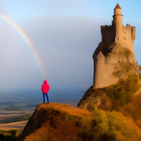 (rainbowfusion style:1) a man standing on top of a mountain with a castle in the background <lora:djzRainbowFusionV21_LoraBooth:1>