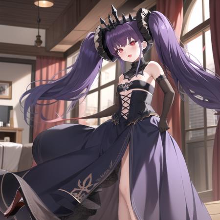 sfw,(hyper extreme detailed),(masterpeace),(best quality),(hyper extreme),CG,indoors,bedroom,1girl, standing, <lora:Felix_Schultz:1>Felix_Schultz,purple hair,twintails,tiara,red eyes, black dress,long skirt,elbow gloves,high heels, petite,