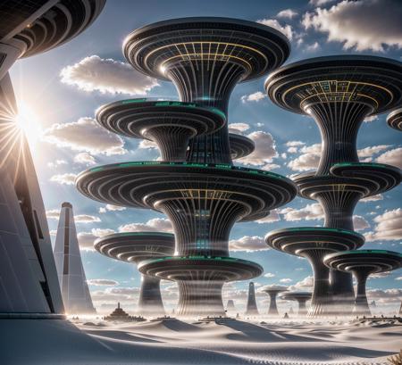 "A colossal futuristic research facility rising from a crystalline desert under a twilight sky, designed with intricate sci-fi architecture featuring illuminated corridors, layered metallic towers, holographic energy fields, massive observation windows, and bioengineered gardens integrated into the structure. The scene is alive with faint mist, scattered light reflections, and dynamic shadows. Emphasize hyper-realistic textures: brushed steel, frosted glass, organic flora merging with machine elements, all lit by surreal ambient lighting. Cinematic perspective, ultra-detailed environment, extreme realism, majestic atmosphere, immersive depth."