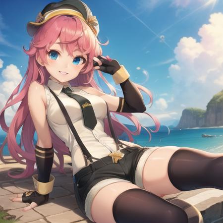 (masterpiece, best quality:1.2),illustration,8k,hd,1girl,thighhighs,gloves,suspenders,shorts,long hair,necktie,smile,hat,pink hair,fingerless gloves,blue eyes,black thighhighs,sleeveless,shirt,suspender shorts,<lora:TNT-Female Novice test:0.6>