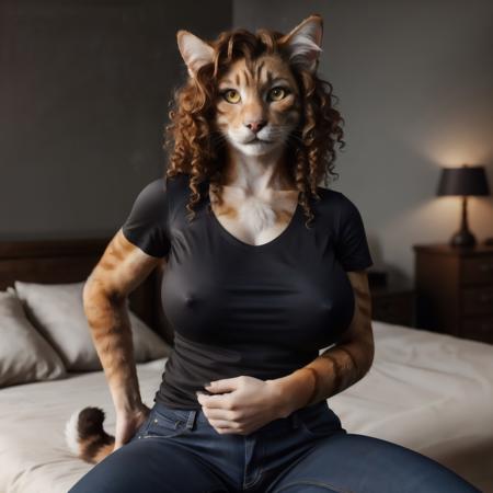 bust shot, detailed bedroom setting, cool lighting, (solo:1.3),
BREAK, staring into the camera, 20 years old, anthro dog cat tabby cat female with orange fur, muscular, fat build, thin fluffy tail, yellow eyes, (long ginger hair, curly hair), cat snout, teeth, fangs, (realistic fur, fur over body, detailed fur texture), (wearing a black t-shirt, wearing blue jeans), large breasts, claws, hand paws, pink paw pads