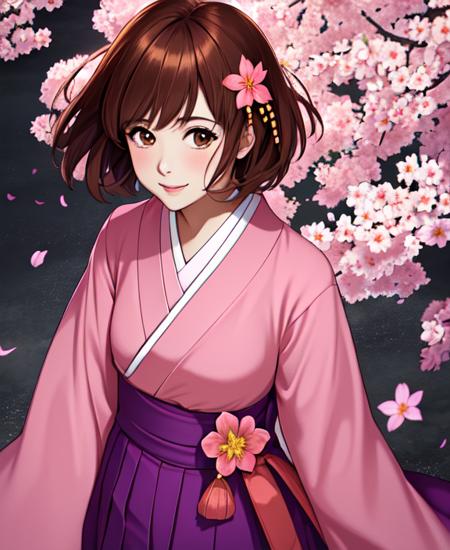 Nyopan japanese clothes, pink shirt, hair flower, purple skirt