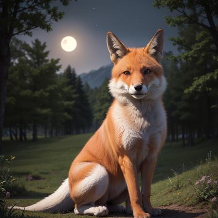 masterpiece, absurdres, high quality, realistic,
fox looking at viewer,
forest, outdoors, moonlight, (clouds:0.5), night