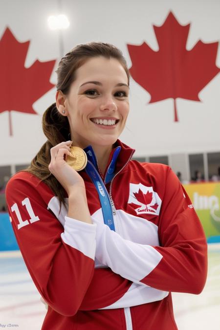 JamieSale, ((ice skating, ice rink, ice skates)), Olympics, ((gold medal around neck)), waving to crowd, arena, (shoulder-length hair, triangular hairdo, straight hair:1.2), (20 years old), smile:2, laughing:1.3, (red Canada sports uniform:1.3), head tilt, modelshoot, pose, in love, ((masterpiece, best quality, extremely detailed, perfect face, perfect body:1.2)), smile:1.2, closeup on upper body