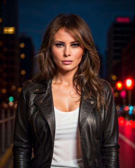 photo of melania as a beautiful female model, georgia fowler, beautiful face, with short dark brown hair, in cyberpunk city at night. She is wearing a leather jacket, black jeans, dramatic lighting, (police badge:1.2)
 <lora:Melania:0.85>