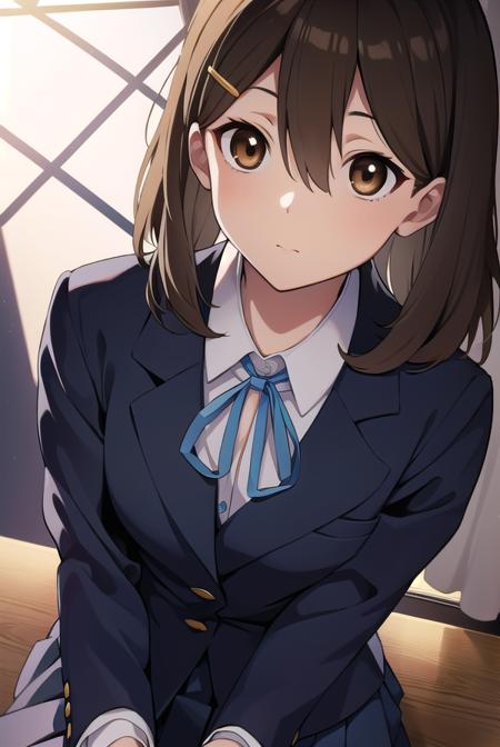 yuihirasawa, <lyco:yuihirasawa-LYCORIStest:1>,
yui hirasawa, (brown eyes:1.5), brown hair, hair ornament, hairclip, medium hair, (flat chest:1.2),
BREAK black pantyhose, blazer, blue jacket, blue ribbon, blue skirt, buttons, collared shirt, jacket, long sleeves, neck ribbon, pantyhose, pleated skirt, ribbon, sakuragaoka high school uniform, school uniform, shirt, skirt, white shirt, winter uniform,
BREAK looking at viewer,
BREAK indoors, classroom,
BREAK <lora:GoodHands-vanilla:1>, (masterpiece:1.2), best quality, high resolution, unity 8k wallpaper, (illustration:0.8), (beautiful detailed eyes:1.6), extremely detailed face, perfect lighting, extremely detailed CG, (perfect hands, perfect anatomy),