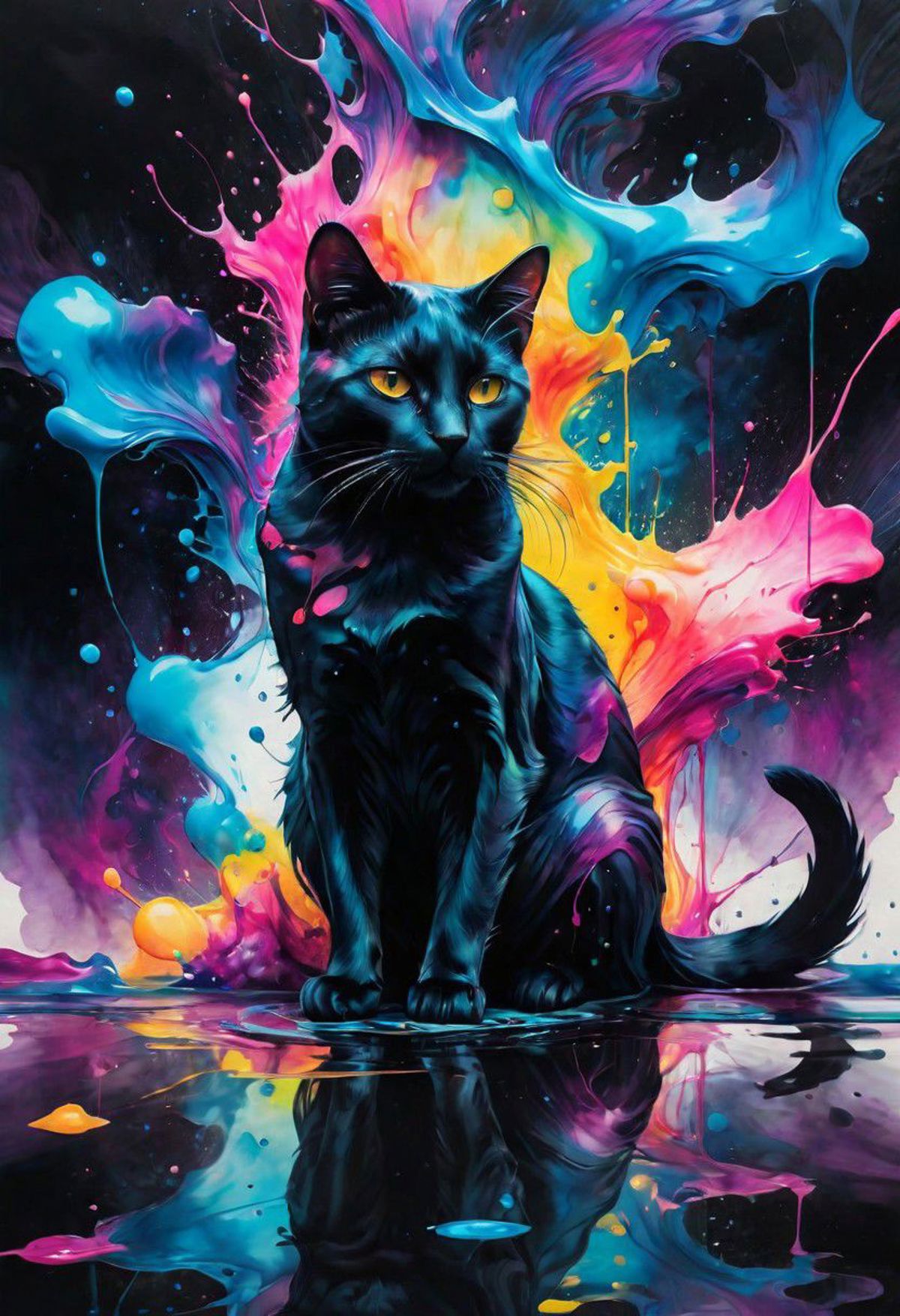 A black cat sitting on a splash of colorful paint.