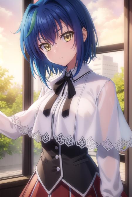 xenoviaquarta, <lora:dxd xenovia quarta anime s2-lora-nochekaiser:1>,
xenovia quarta, short hair, blue hair, (yellow eyes:1.5), multicolored hair, green hair, two-tone hair, streaked hair,
BREAK shirt, ribbon, school uniform, white shirt, black ribbon, neck ribbon, capelet, black capelet, long sleeves, skirt, red skirt,
BREAK indoors, classroom,
BREAK looking at viewer, (cowboy shot:1.5),
BREAK <lyco:GoodHands-beta2:1>, (masterpiece:1.2), best quality, high resolution, unity 8k wallpaper, (illustration:0.8), (beautiful detailed eyes:1.6), extremely detailed face, perfect lighting, extremely detailed CG, (perfect hands, perfect anatomy),