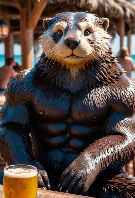 outdoors, BREAK, male, anthro, ((wereotter)), (Detailed eyes, detailed face), Bara build, sumo build, head fur,  inner ear fluff, (pleasant expression), (slightly chubby),  huge body, stocky body, musclegut, thick build, bear body,  (solo:1.5),  (beach bar background:1.2), sitting down, relaxing
break, 
(sheath, balls, erect ursine penis)