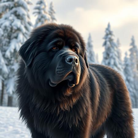 Newfoundland the dog, snow landscape, trees, black skin, detailed hairs, full body