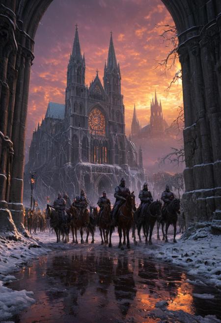 highly detailed, high quality, digital illustration, intricate details, light reflection, cinematic view of a bunch of medieval soldiers, horses , vibring color,  A gothic cathedral covered in ice and snow. Forest. Thunderstorm, lightnings, At sunset, purple and orange hues on the landscape, reflections on rose_windows, Icy, Cold touch, ominous atmosphere, Ground view. Sense of foreboding, water reflection, monet,  oil painting,  (reflective volumetric), raytracing, absurdres. scenery, gloomy, dark atmospher , greg rutkowski, aidmamj6.1