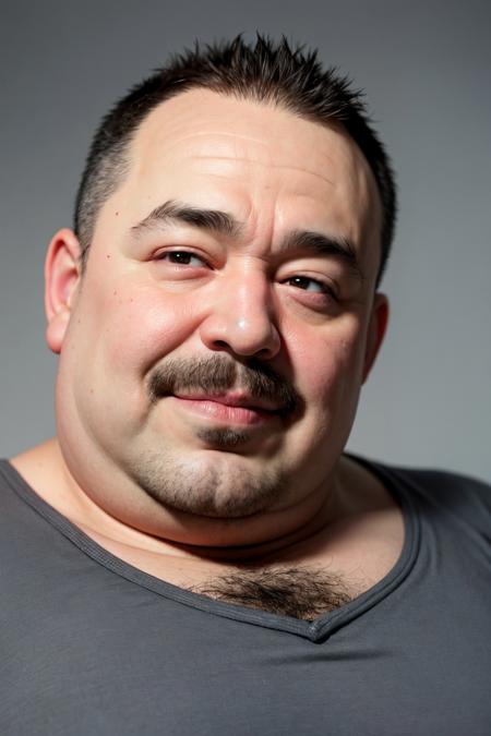 (ugly man, fat man), age 46 years old, perverse, smirk, portrait, linkedin, grey background,