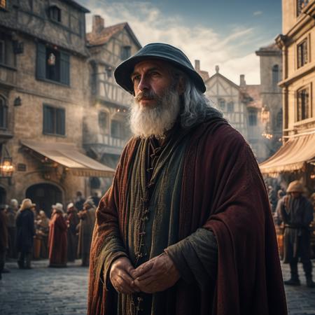 highly detailed candid photo of a medieval male citizen:1.2,


hat:1.3, outdoors, facial hair, beard, robe, old, old man, white hair, multiple boys, building, street, sky, day, upper body,


masterpiece, best quality:1.1, realistic:1.3,
lighting from behind:1.2, 

ultra photoreal, photorealistic:1.0, sharp focus:1.1, 
depth of field:1.1, 

50mm, style of Nathan Wirth, Hasselblad X1D II, Porta 160,
