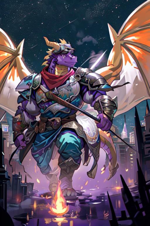 (high quality), ((spyro, dragon wings, anthro), solo, male focus, goggles, goggles on head, red bandana around the neck, (big eyes:1.2)) muscular, bodybuilder,  thick muscles, bulky muscles, hyper biceps, biceps, thick arms, thick thighs, huge thighs, thighs, huge legs, thick legs, extremely huge muscular pectorals, large pectorals, manly, smiling, (wearing cavalier armor, blue outfit:1.2), horse，riding，horseback_riding,knight , detailed face, detailed eyes, detailed body, front full body view, digital art, (fantasy rpg city)