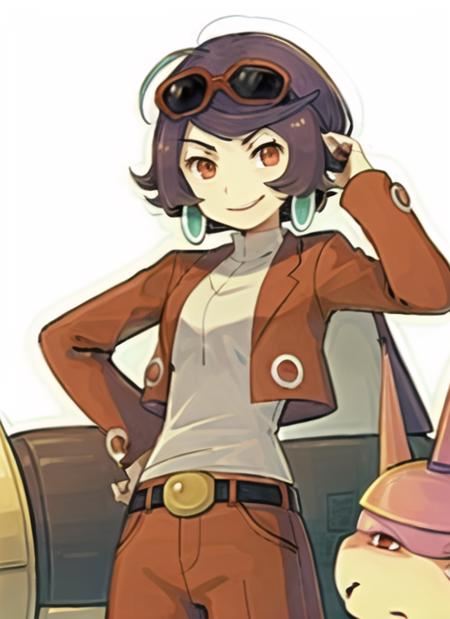 <lora:ArgentaPkmn-08:0.7> ArgentaPkmn, 1girl, smile, brown hair, brown eyes, jewelry, jacket, earrings, belt, pokemon (creature), sunglasses, eyewear on head