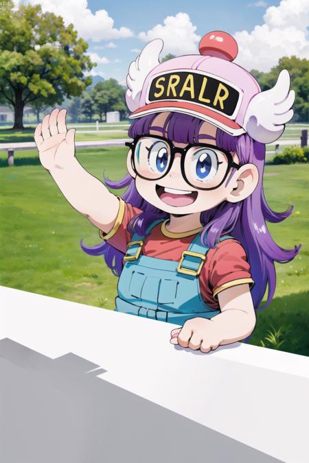 8k,(masterpiece:1.4)(best quality:1.4),(top quality),(anime style), 1girl,glasses,blue eyes, long hair,purple hair, smiles,short sleeves, wing hat , red shirt,blue overalls, village, outdoors,   looking at viewer, solo focus, (shiny skin) , <lora:arale:1>