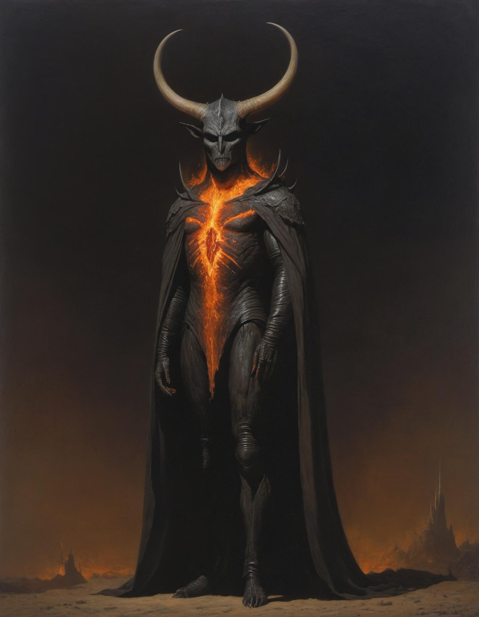A demonic figure in a black cape and horns with a heart and flames as part of its chest.