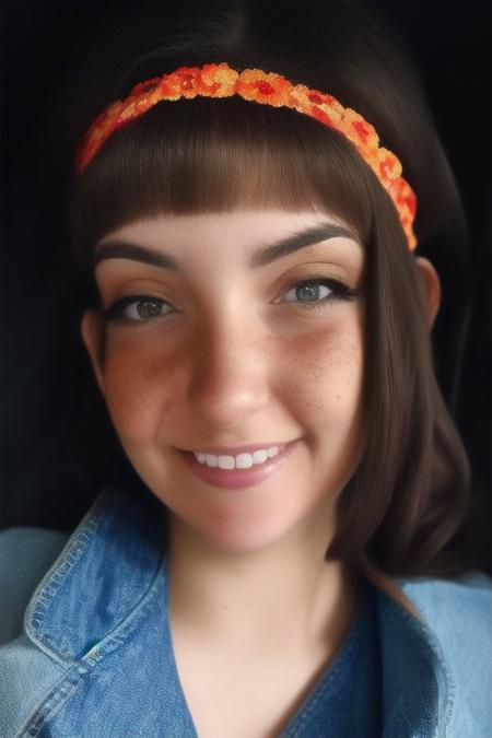 beautiful woman, (freckles), big smile, dark eyes, braided hair, dark makeup, hyper detailed photography, soft light, head and shoulders portrait, cover of a 21 year old woman with a serene expression and delicate features, her light brown hair is styled in a loose adult braid over one shoulder, mesmerizing eyes, no bra, she wears a blue headband with orange floral patterns, large HH bust, light hair on her face, skin imperfection, she has light tan skin and soft pale black eyes that convey a gentle confidence, her look is elegant and casual, with casual blue denim clothing, the lighting is soft and natural, enhancing the warmth and quality of the portrait. Engulfed in Red, a portrait of a pretty young French woman, intricate details, modern, 16k, digital art, artstation, cinematic lighting, vivid, professional film photography 3D model, a portrait of a pretty young French woman, faded film, desaturated, 35mm photo, grainy, vignette, vintage, Kodachrome, Lomography, smudged, highly detailed, found footage . octane rendering, highly detailed, volumetric, dramatic lighting