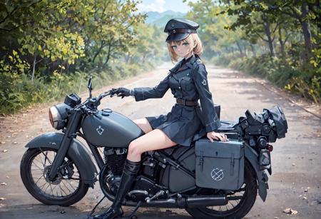 gorgeously rendered RAW 8k HDR high-resolution wide-angle full-frame panoramic view of an (((exceedingly gorgeous voluptuous female dressed as a WWII German black dress uniform driving through a German village on a nz350)) in the distance, blonde hair, blue eyes, hunched over handlebars, serious expression, fortified berms, highly detailed, intricate, lens flare, bokeh, soft focus, diffused soft lighting, shallow depth of field, photography, photograph, cinematic lighting, detailed skin, realistic, photorealistic, hyperrealism, <lora:dkw_nz350:0.5>