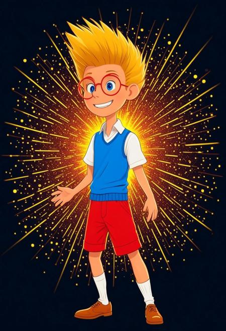 Character, Lewisrobinson, blonde spiky hair,red glasses, blue vest, red shorts, white shirt, cartoon style, brown shoes, white socks.  proud face, excited pose, in the style of golden future. gears are falling as meteor shower colored baroque geometric patterns float around the canvas in the style of colorful digital art. The image has a futurist aesthetic with a nice futuristic disorder and psychedelic color palette. Black background, neon lights, glitch art, surrealism, high contrast, vibrant colors, psychedelic patterns, ethereal glow. The overall mood should be one of happy tomorrow and hopefull beauty.It's like something in the style of science fiction.Lewisrobinson, cartoony, by Anonanim