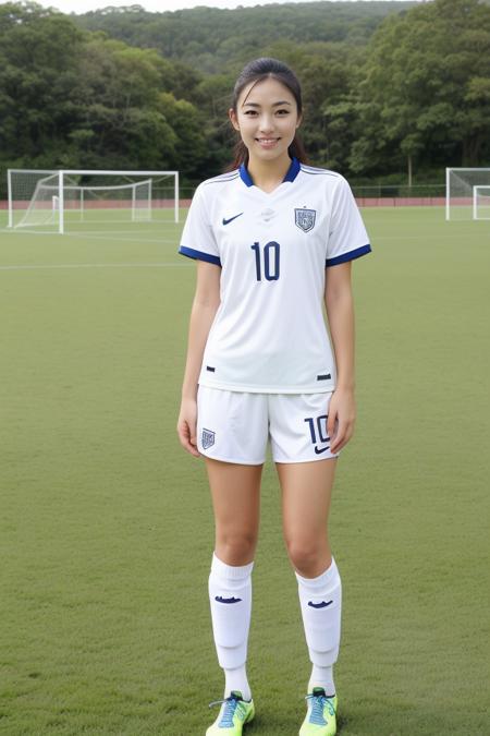 1 woman, beautiful, detailed, full body shot, scenic view
<lora:Soccer Uniform By Stable Yogi:0.5> ivory soccer uniform, soccer field