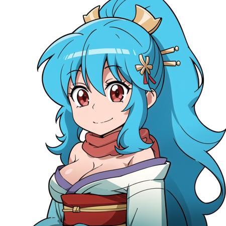 1girl, solo, aqua hair, very long hair, japanese clothes, kimono, scarf, cleavage, hair ornament, hair stick, kimono, sash, large breasts, red eyes, <lora:TomoeAdvanched:0.6>, smile, <lora:jokanhiyou:0.5>, chibi, white background