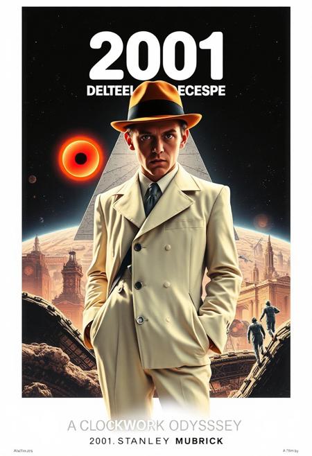 Design a striking and surreal movie poster for 2001: CLOCKWORK ODYSSEY, a blend of Stanley Kubrick’s iconic films A Clockwork Orange and 2001: A Space Odyssey. In the foreground, feature Alex from A Clockwork Orange in his classic white outfit, bowler hat, and disturbing single eyelash. He stands against a backdrop of space, with the HAL 9000 red eye ominously glowing in the distance. The monolith from 2001 looms behind him, while elements of the dystopian, urban world of Clockwork Orange are subtly integrated into the vast, sterile spacescapes of 2001. The color palette should feature the warm oranges and blacks of Clockwork Orange contrasted with the cool whites and blues of 2001. At the top or bottom of the poster, boldly display the title 2001: CLOCKWORK ODYSSEY, fusing the typography styles of both films. Below the title, add: ‘A Film by Stanley Kubrick,’ to highlight the legendary director’s vision