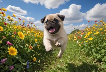 Highly detailed photograph of a pug puppy leaping through the air above a field of colorful flowers. Side view. Floppy ears, big eyes, very cute, very happy, joyful. Blue sky with fluffy clouds. Bright sun, god rays.