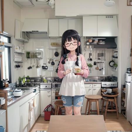 best quality, ultra-detailed, illustration,
JPkitchen, scenery, table, chair, sink, kitchen, plant, indoors, window, refrigerator, frying pan, bottle, shelf, spatula, door, basket, plate, cup, stool, wooden floor, curtains,
1girl, glasses, black hair, long hair, white sweater, denim, jeans, apron,  happy, smile, closed eyes, looking at viewer, 
 <lora:JAPAN_kitchen_SD15_V1:1>