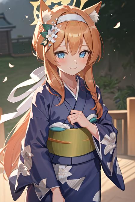 best quality, masterpiece, highres, solo, {yukata:1.40}, {kimono:1.20}, {mari_bluearchive:1.15}, long_hair, orange_hair, flower, blue_eyes, halo, bangs, blush, animal_ears, hair_ornament, animal_ear_fluff, hair_flower, smile, hairband, white_hairband, hair_between_eyes