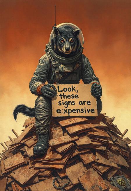 a pulp science fiction illustration, a werewolf with black and grey fur wears a slightly tattered spacesuit. He sits on top of a large pile of discarded cardboard signs. He holds a cardboard sign saying "Look, these signs are expensive"