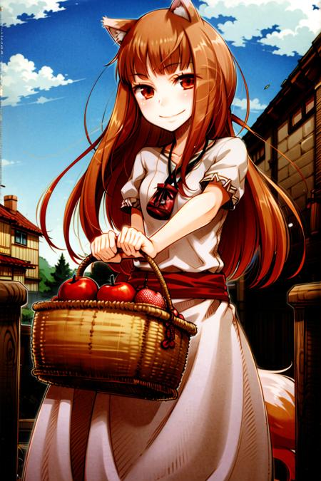 <lora:ayakurajuu:0.5>, <lora:holo:0.5>, (holo:1.5), (holoBrownDress:1.5), masterpiece, best quality, absurdres, 1girl, looking at viewer, standing, cowboy shot, outdoors, medieval, cobblestone street, town, pouch, sash, smile, fruit, apple, basket