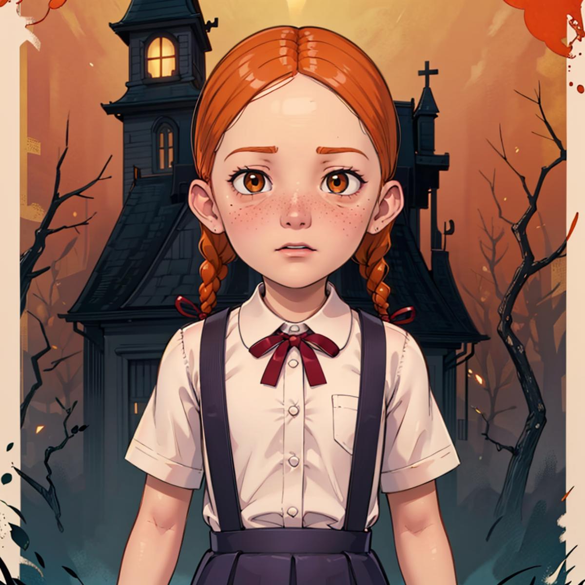 A young girl dressed in a white shirt, red tie, and suspenders stands in front of a haunted house.