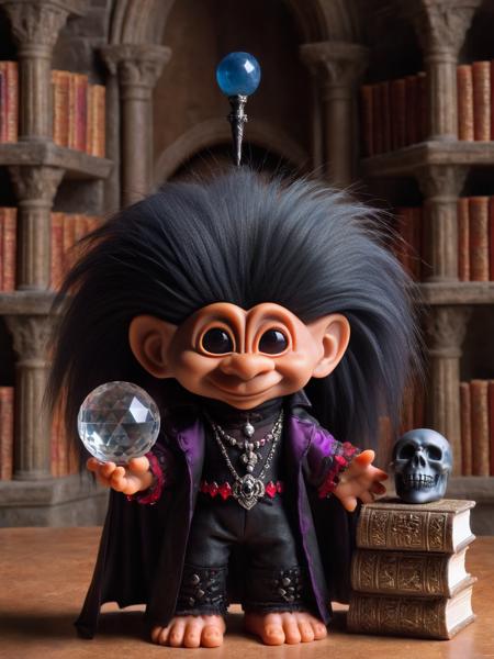 ais-trollz vampire, holding a crystal orb, in the castle's grand library with shelves of ancient books and mystical artifacts <lora:Russ_Trolls_Style_SDXL:1>