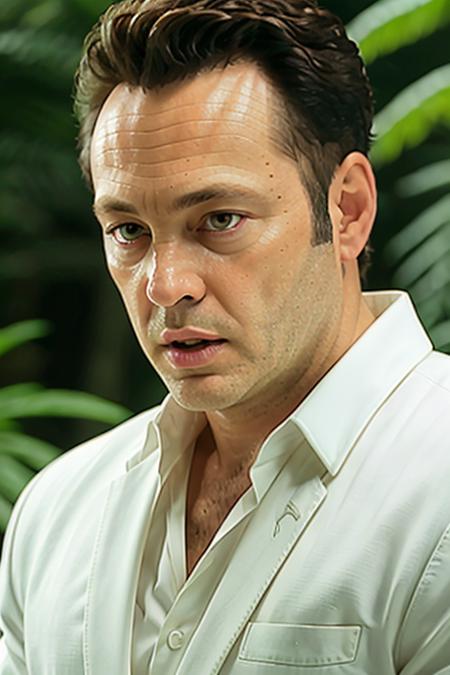 close up of a man <lora:vinceVaughn:1> in a white suit, standing in a jungle paradise, RAW, 8K, UHD