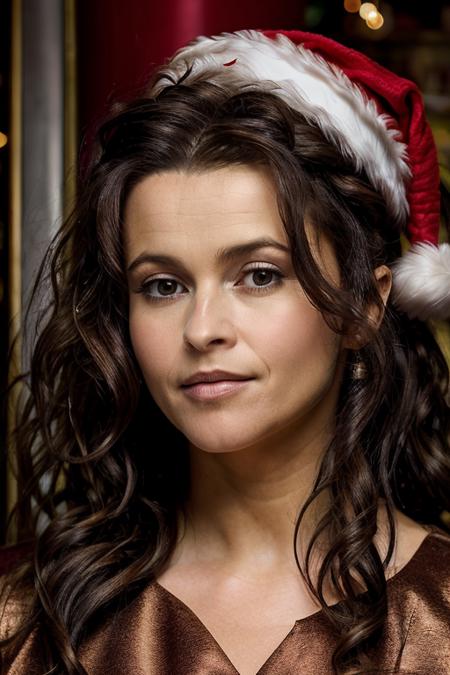 masterpiece,best quality, detailed face, santa outfit, in a chocolate factory,<lora:Helena_Bonham_Carter:1> 1girl, solo, a mature 40 year old hb1873c, brown hair, wavy,messy,up do, hair,