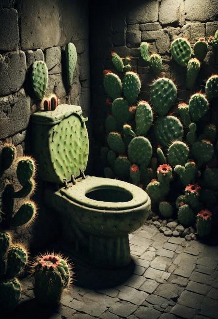 Product photo, A toilet made out cactus, in 
dungeon,
torchs,dark,shadow ,detailed, film grain,