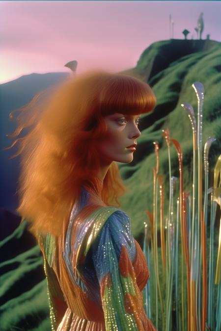 <lora:Director Agnes Varda style:1>Director Agnes Varda style - still of a 1980 movie in Madeira Island lascape at dawn with a ginger girl with long curly hair and bangs and body walking down a hill and turning back the head and holding a reed plant with multiple colors wearing a detailed embroidered holographic origami art deco alien avant garde in the style of  dress in the mountains and cliffs of Madeira Island with mist on the background