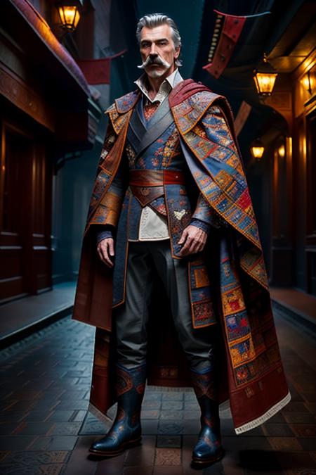 a detailed (full body:1.2) from side, (from distance:1.3) photography of a man, colorful patches, billowing gleeman cloak, red pants, white shirt, boots, (symbols, musical notes on patches, intricate needlework:1), mustache
realism, dynamic shadows, uhd, 8k, modelshoot style,
night, darkness
in  victorian city  <lora:Thom Merrilin_g2_e1_09:0.9> <lora:LoconLoraOffsetNoise_locon0501:1.0>