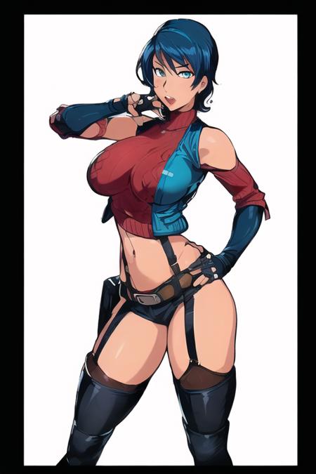 (1girls:1.4), (((solo,
blue hair, gloves, midriff, fingerless gloves, short hair, thighhighs, navel, hand on hip, holster, garter straps, (black knee high boots),black vest, (black pants), showing thighs, ((full body)), red sweater showing shoulders,<lora:Carmen99_TV1:0.6>
)))
(((mature and milf))),  wide hip,
((from below))((from side)),
(((sticker with white border))),  (((basic white background))),((solo)), (dynamic pose:0.9), photorealistic, (hyperrealistic:1.2), beautiful, masterpiece, best quality, extremely detailed face, perfect lighting,  nsfw,   glowing,   perfect eyes, large eyes, curly eyelashes,  (exited face:1.1) , ((perfect face)),  (((horny))), ((perfect hands)), (perfect hands),