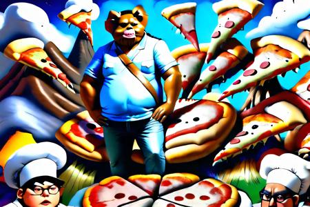 pizza_dreams *the man is in front of an image of a lot of animals, in the style of ken sugimori, fernando botero, photorealistic detail, sky-blue and white, indian pop culture, albert kotin, uhd image 