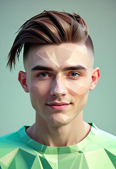 man made of polygon, hair made of polygon, clothes made of polygon, Polygonal shapes, geometric designs, three-dimensional models, ((low poly)), minimalism, straight on view, a young Irish man, fashion model, long undercut (hairstyle), dreamy expression with a faraway look and soft smile, Close-Up Shot, (((polygon)))