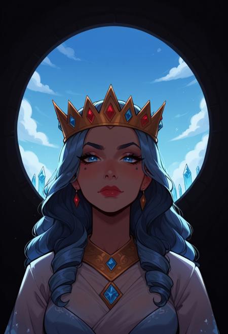 A detailed Gothic tower made of transparent ice with blue shades stands tall. At its base, there are orange desert sands. The sky above is beautiful with fluffy clouds. Ice crystals decorate the tower.
BREAK
1girl, solo, most beautiful 23 yo girl.
At the top, the Snow Queen looks out of a window. Her blue eyes, without pupils, express sadness. She has white skin and wears luxurious medieval winter clothing. Her light blue hair is straight and fluffy like snow, and she wears an ice crown on her head.
(ice interior)
 (8k uhd:1,4)
 <lora:add-detail-xl:1>
 <lora:Dynamic Poses:1>