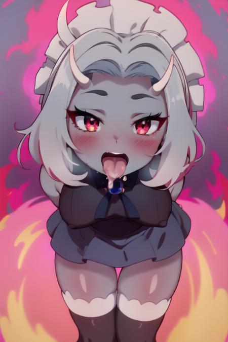 supreme-calamitas, amber eyes, amber-colored eyes, open-mouth ahegao, ahegao blushing, maid outfit, maid bonnet, drooling, ahegao drooling, glowing amber eyes, tongue out ahegao, tongue hanging out, eyes crossed, cross-eyed, bright red blush, grey skin,  gray skin, grey colored skin,  gray colored skin, surrounded by pink fire, covered in pink fire, pink background, pink fire background, thicc, black leggings, 2 short white demon horns, 2 short anime demon horns white, black leggings, 2 short white demon horns, 2 short anime demon horns white, 2 white anime demon horns short, grey skin,  gray skin, grey colored skin,  gray colored skin, anime eyeliner, anime character eyelashes, cross-eyed ahegao, amber eyes crossed, glowing amber eyes-crossed, crosseyed, crosseyed ahegao, tongue out, tongue lulling, drooling, looking up, eyes pointed up, eyes rolling back, eyes rolling back ahegao, anime ahegao, drooling, 2 short white demon horns, 2 short anime demon horns white, black leggings, 2 short white demon horns, 2 short anime demon horns white, 2 white anime demon horns short, amber iris, glowing amber iris, amber-iris, glowing-amber-iris, amber iris, glowing amber iris, amber-iris, glowing-amber-iris, amber iris, glowing amber iris, amber-iris, glowing-amber-iris, amber eyes, amber-colored eyes, amber eyes, amber-colored eyes, amber iris, glowing amber iris, amber-iris, glowing-amber-iris, amber iris, glowing amber iris, amber-iris, glowing-amber-iris, amber iris, glowing amber iris, amber-iris, glowing-amber-iris, amber eyes, amber-colored eyes, amber eyes, amber-colored eyes,<lora:SCal:0.85>