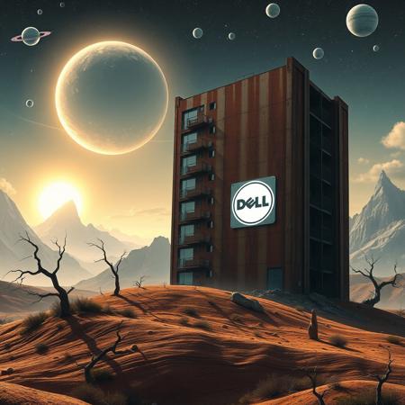 digital artwork featuring a futuristic landscape with a gigantic rusted steel apartment block, resembling a computer server in the foreground. The building, marked with a Dell logo in white, stands on a hill in a barren, undulating terrain. Old windows and balconies are visible on the building. The sky is filled with celestial bodies, orbiting around a bright, glowing sun that casts an ethereal light across the scene. The background showcases jagged, rocky mountains and twisted, leafless trees, adding to the otherworldly atmosphere. .