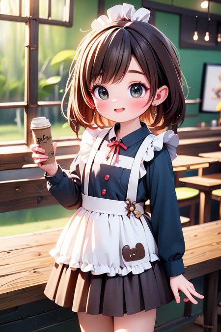 best quality,HDR,UHD,8K,solo,1girl,(brown skirt:1.2),(looking at viewer:1.4),cowboy shot,standing,maid apron,(coffee shop and restaurant:1.2),(indoor:1.2),